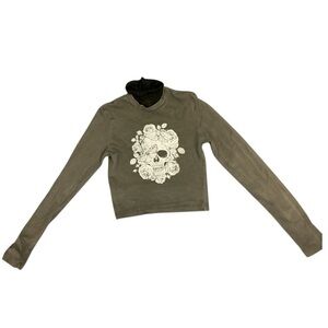 Edgy Olive Skull Graphic Long Sleeve Top